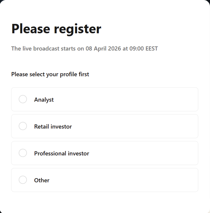Attendee profile selection step — 'Please select your profile first' with options Analyst, Retail investor, Professional investor, and Other