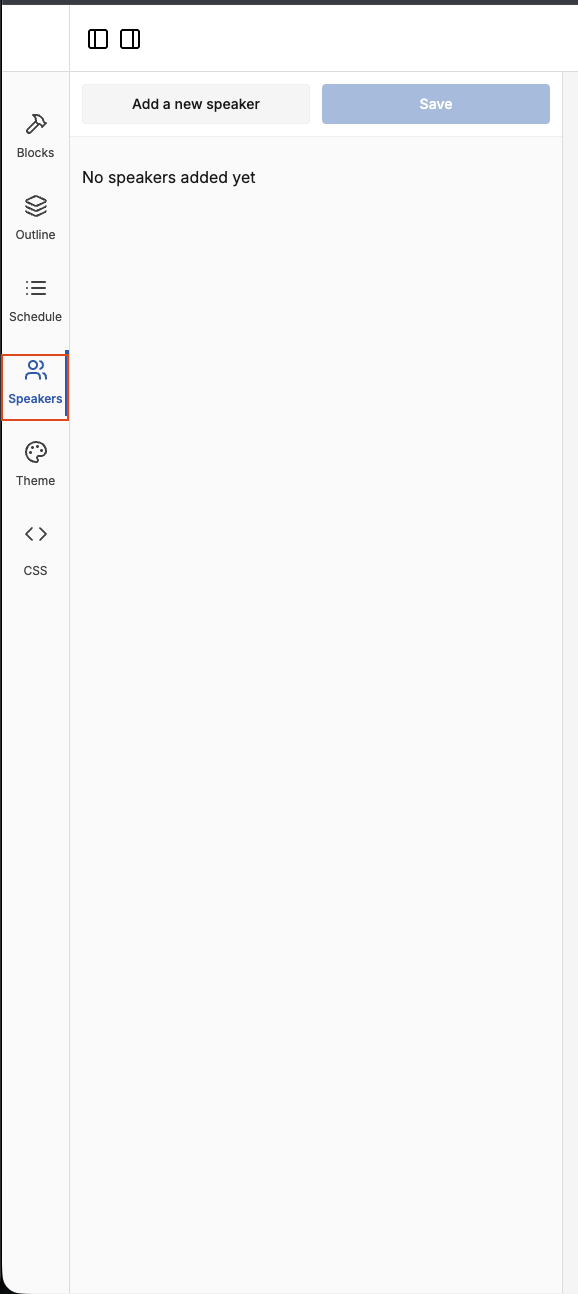 Speakers button in the editor's left-side navigation, with the Add a new speaker button