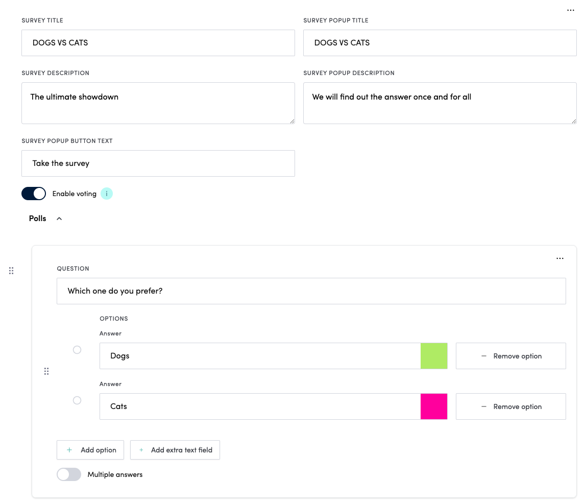 Survey editor in Event Admin with survey title, description and popup fields