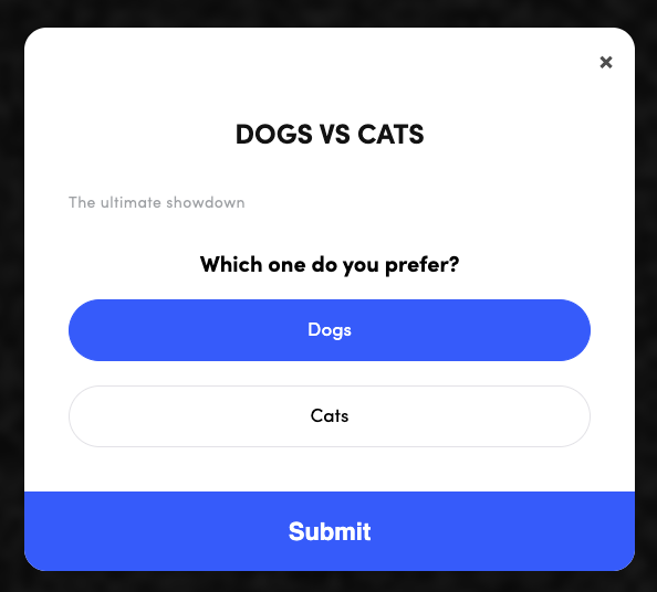 Survey form on the event site with a question and answer options