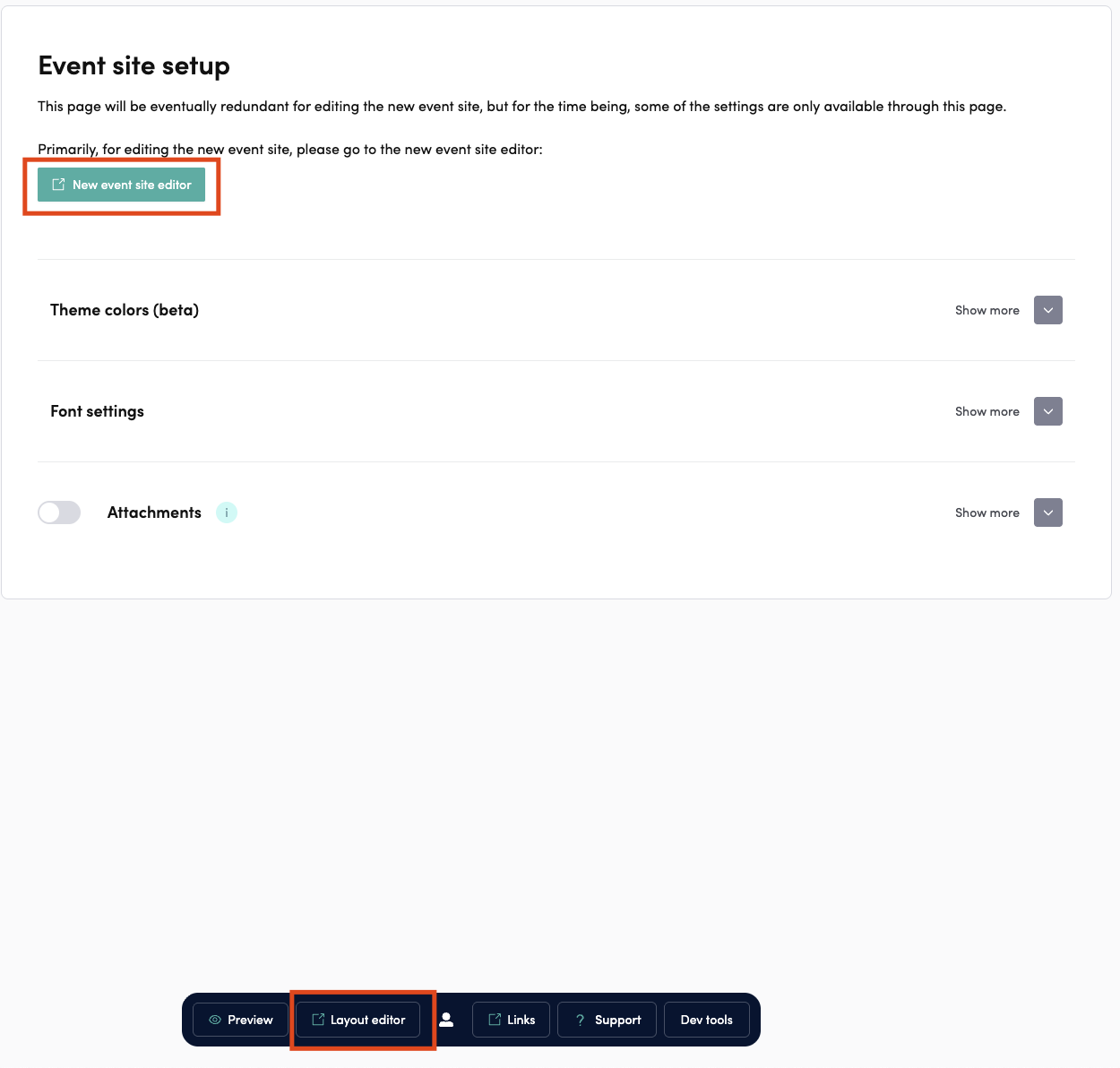 New event site editor button and the Layout editor button in the bottom bar