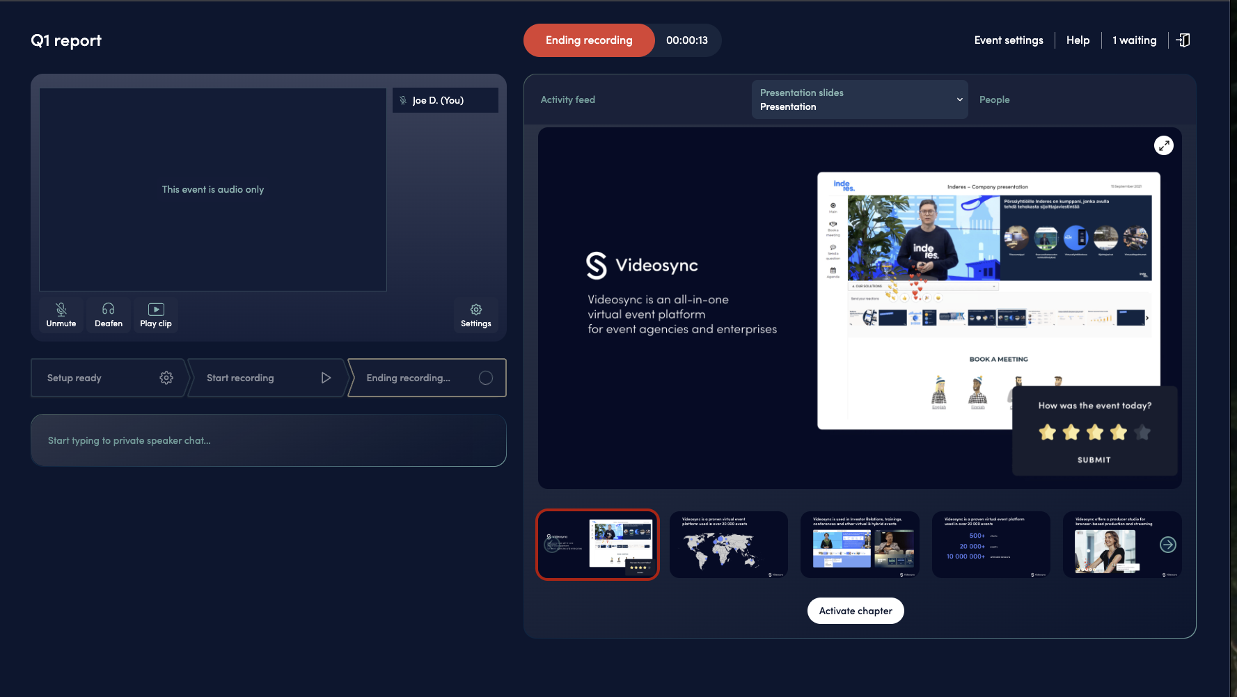 Web Studio after End Recording is clicked, showing the Processing video status