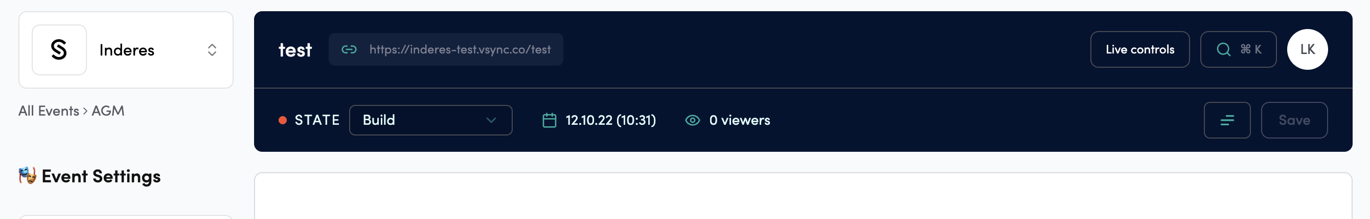 Refreshed Event Admin showing the new top bar with user settings and content search